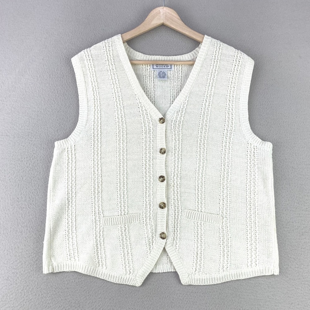 VTG Jennifer Moore Knit Button Front Vest Women L Cream Cottagecore Pointelle
